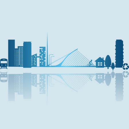 blue and white graphic depicting dublin city skyline