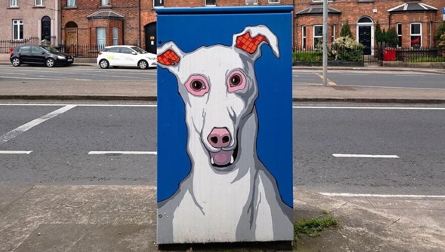 greyhound painted on electricity box on harold's cross road