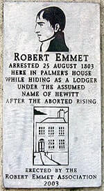 plaque with engraving of robert emmet and his former boarding house