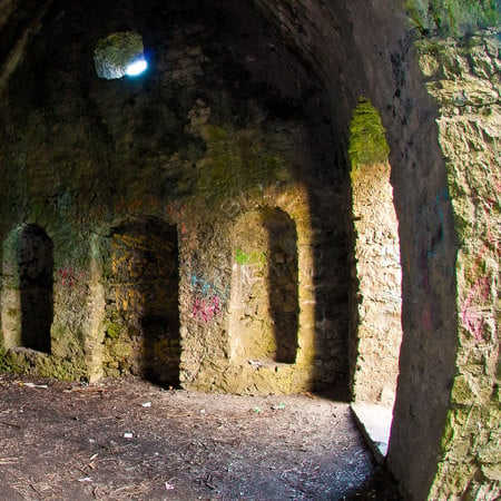 image of stone walls inside the hellfire club covered in moss and graffiti