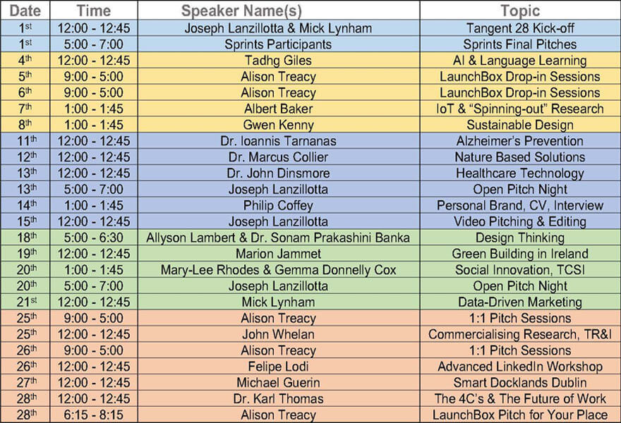 Tangent 28, Trinity's Innovation Festival schedule of events.