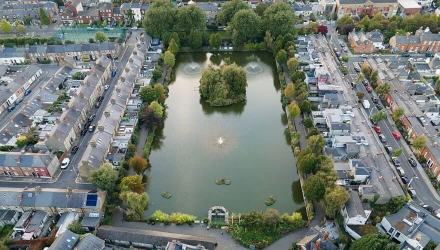 aerial view of green trees and green hued pond at blessington street basin