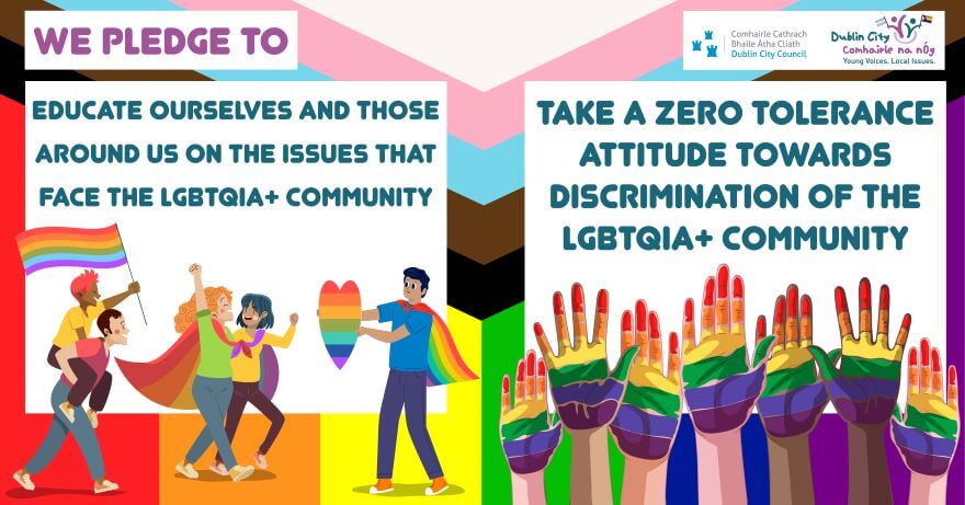 colourful lgbtqi pledge graphic made by dublin's comhairle na nog