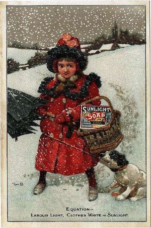 old poster of girl and dog in snow with sunlight soap