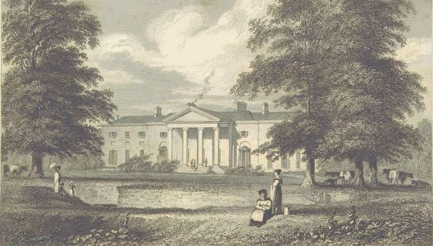 1837 engraving of people, cows and trees in front of the white columned vice regal lodge
